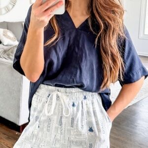 Navy blue V neck short sleeve relax oversize blouse. Soft comfy flowy fabric